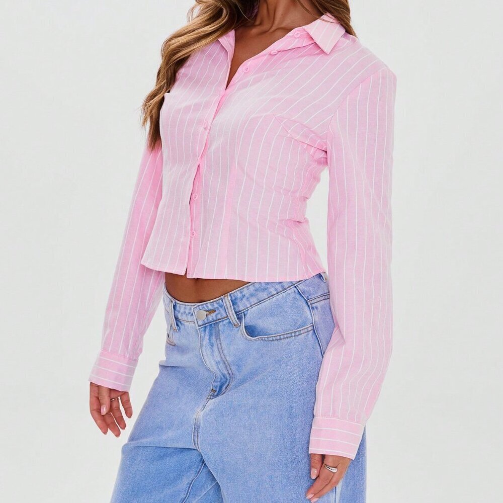 Pink Fitted Women's Pinstripe Long Sleeve Shirt